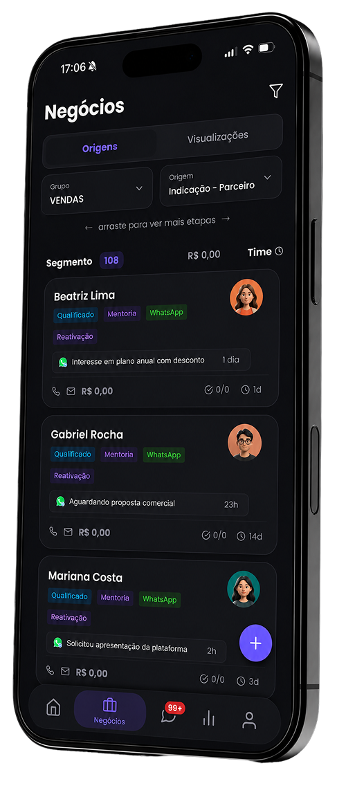 App da Clint no celular com o funil de negócios