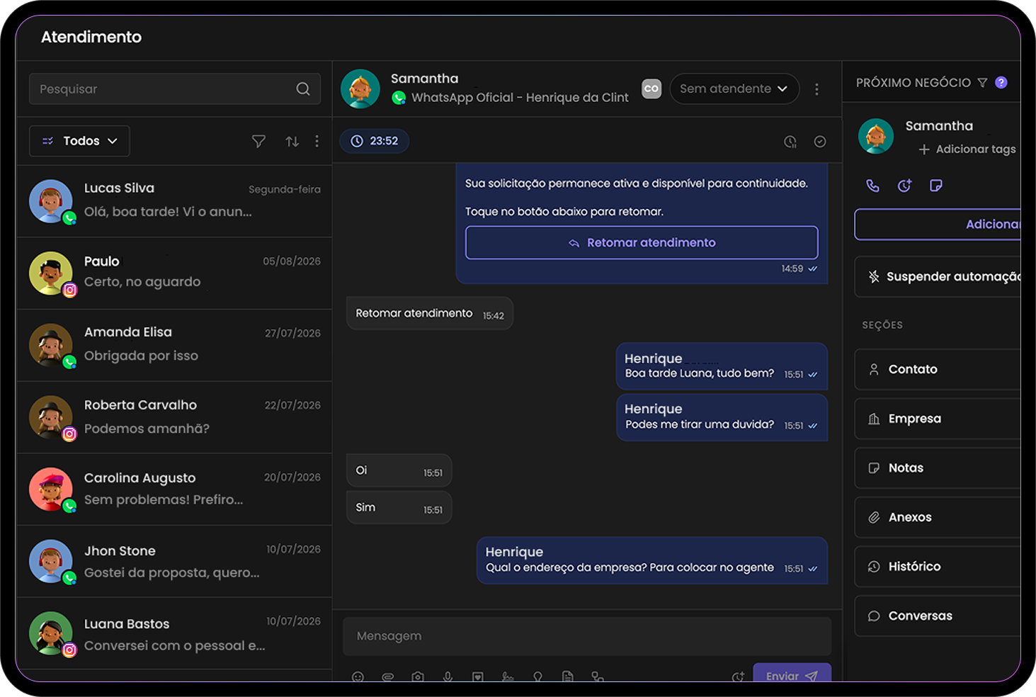 Módulo de conversas da Clint